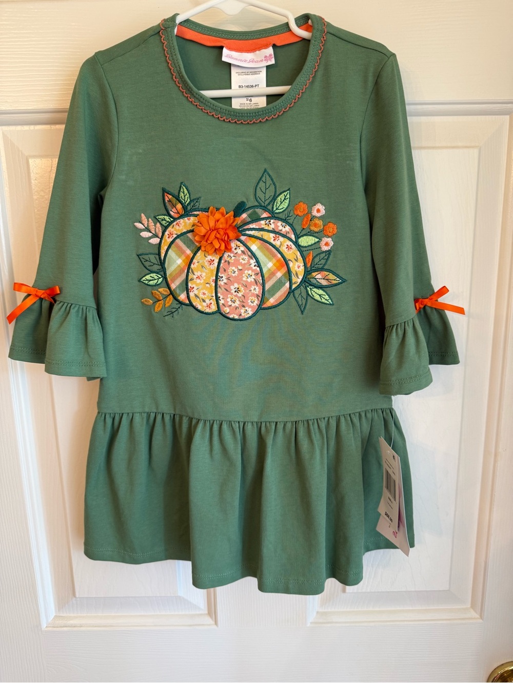 Bonnie Jean Green Dress with Pumpkin Appliqué and Orange Accents